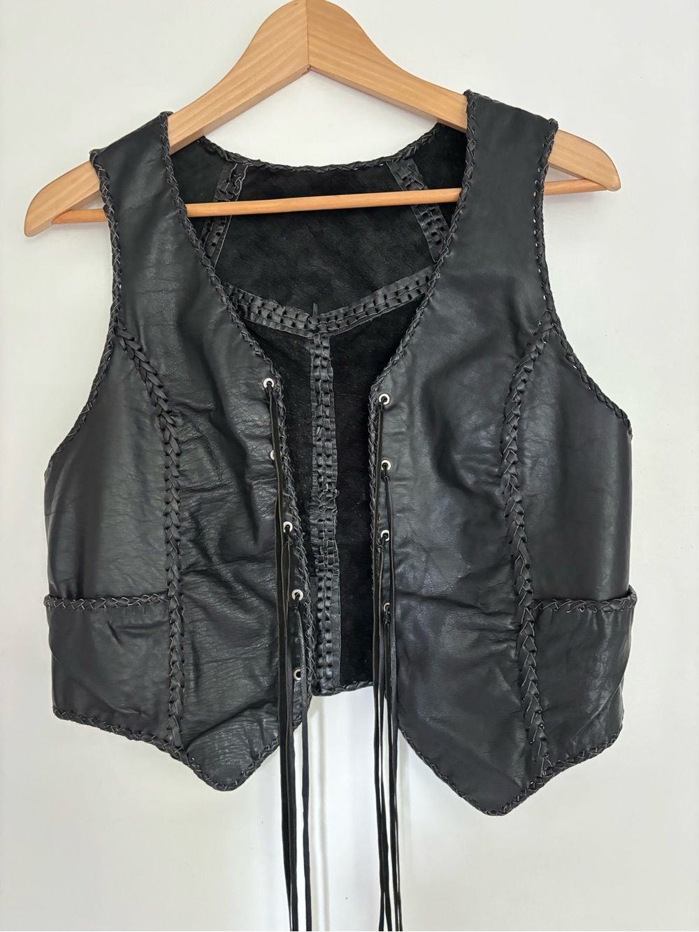Black Leather Braided Vest Tie-up